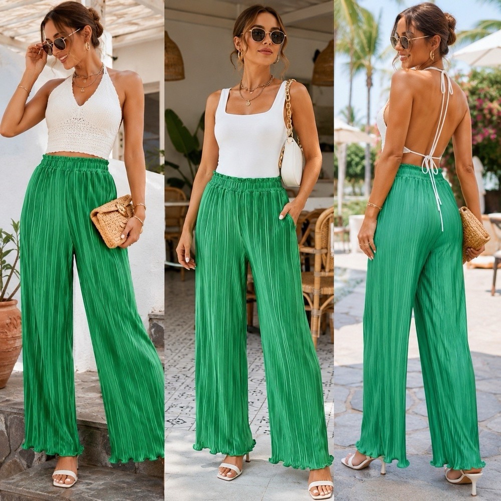 ODDY Womens Pleated Pants Size M Kelly Green Elastic Waist Satin Wide Leg Resort